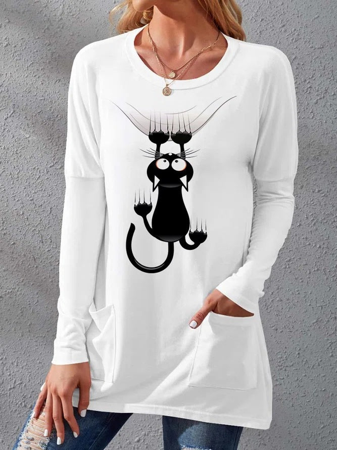 Damen Langere Baumwollmischung Tunika Shirt mit Cartoon-Katzen-Druck und Seitentaschen Drune