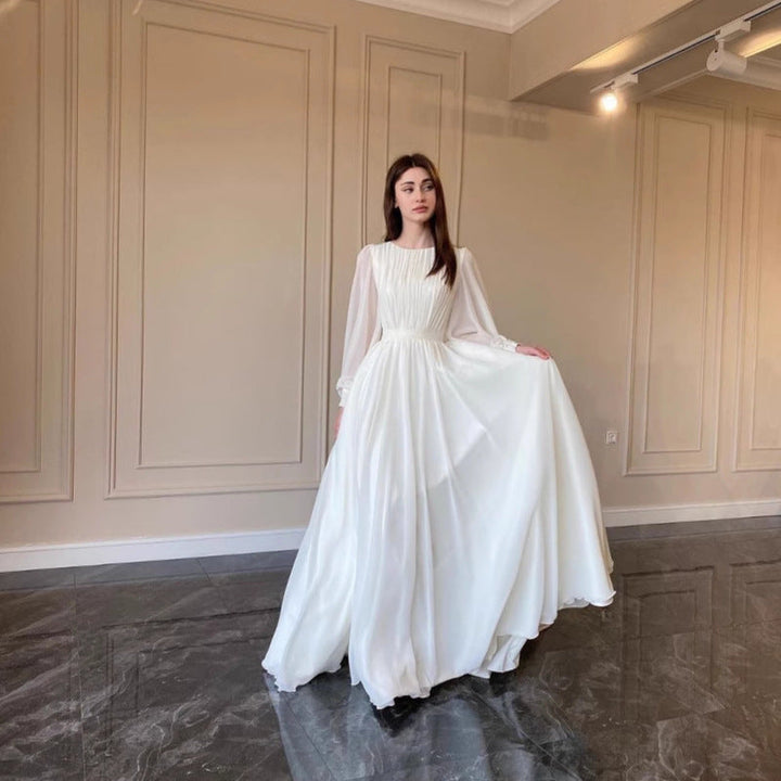 Drune | Durchsichtiges Weißes Hochzeitskleid Rundhalsausschnitt Lange Ärmel Kleid