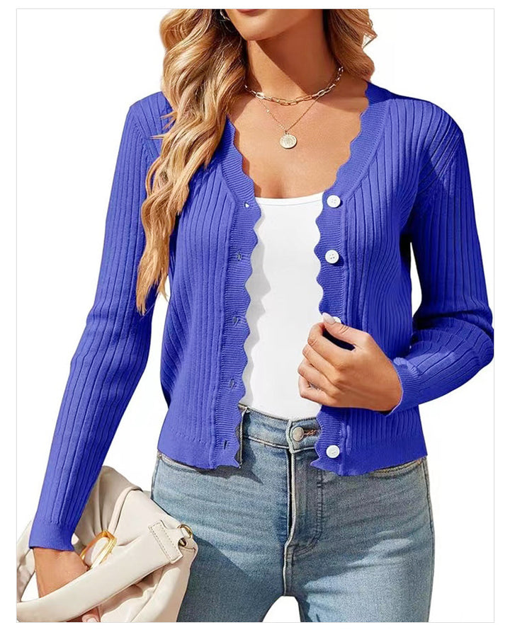 Damen Feiner Rippstrick Cropped-Cardigan mit Wellensaum und dekorativer Knopfleiste Drune