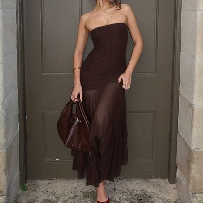 Damen Strapless Maxikleid mit eleganter Raffung und transparentem Rock Drune