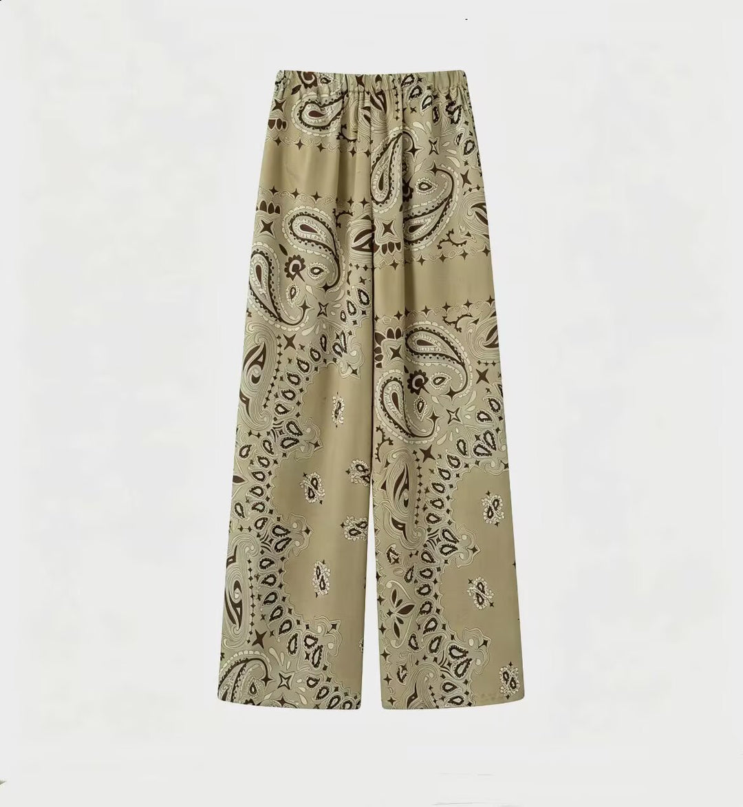 Damen Zweiteiliges Satinoptik-Lounge-Set mit Paisley-Print, Kimonokragen-Bluse und weiter Culotte-Hose Drune
