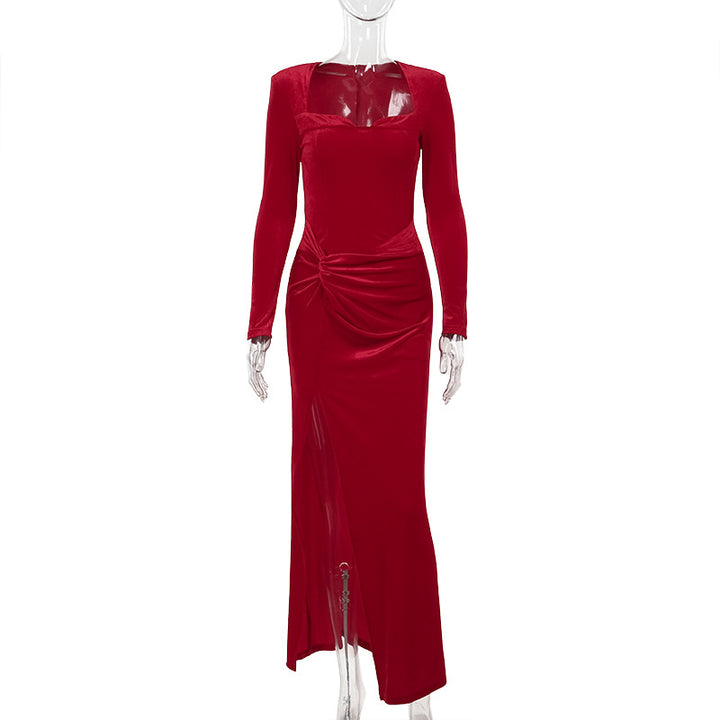 Damen elegantes langärmeliges Abendkleid mit hohem Schlitz und Rüschendetails Drune