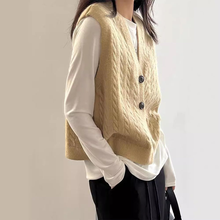 Damen elegante Strickweste mit Zopfmuster und Knopfdetails Drune