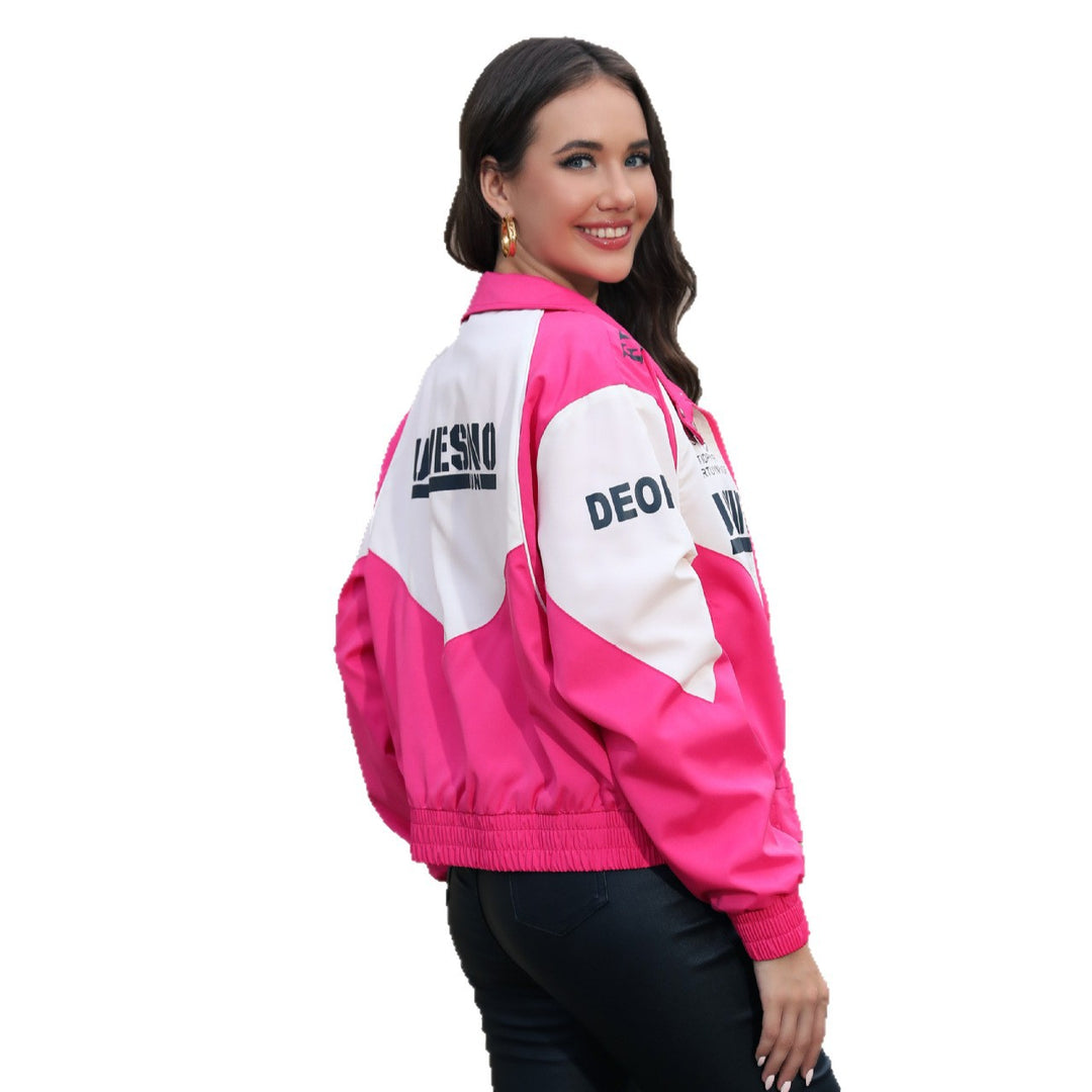 Damen Kurz geschnittene Racing‑Bomberjacke mit Stehkragen und Logoprint Drune