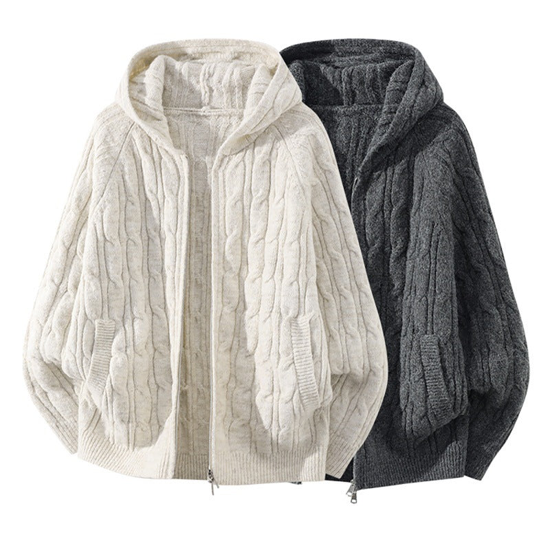 Damen Oversize Zopfstrick-Kapuzencardigan mit durchgehendem Reißverschluss und Ballonärmeln Drune