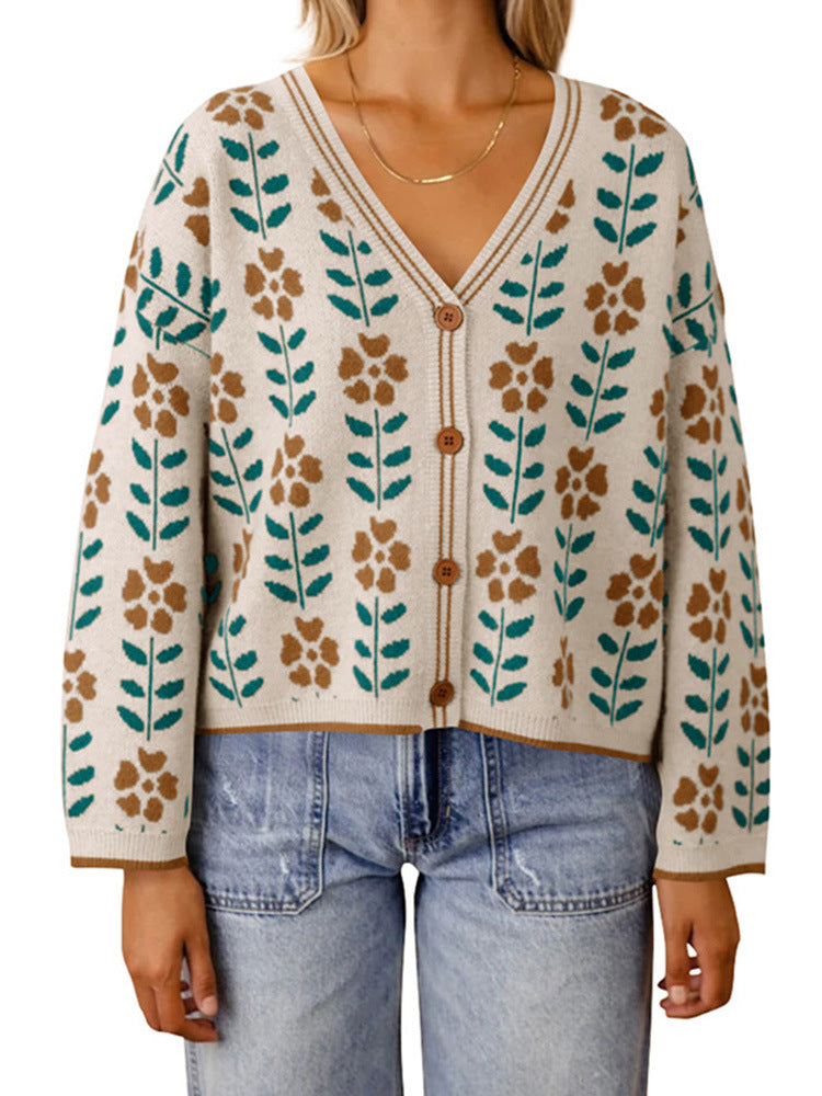 Damen Strickjacke mit floralem Design und Knopfdetails Drune