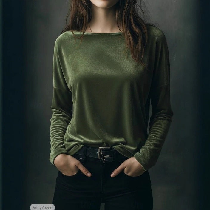 Damen Feines Velours-Langarmshirt mit U-Boot-Ausschnitt und kastiger Silhouette Drune