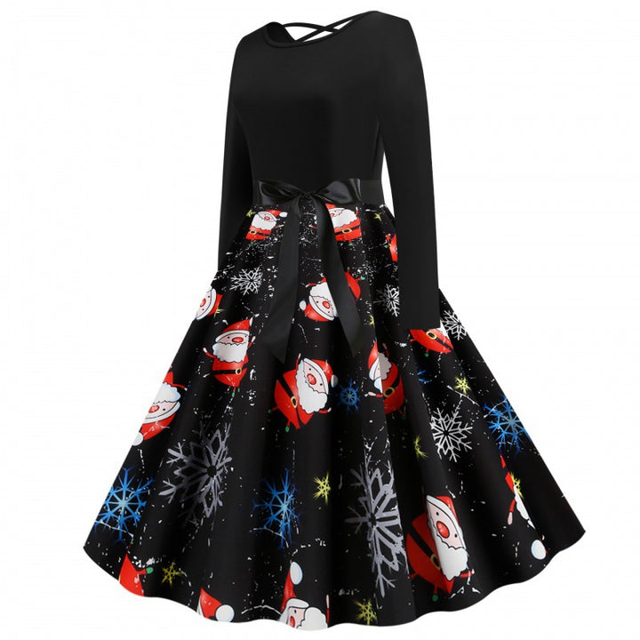 Damen Festliches Swingkleid mit Nikolausprint, tailliertem Satinband und gekreuztem Rückendetail Drune