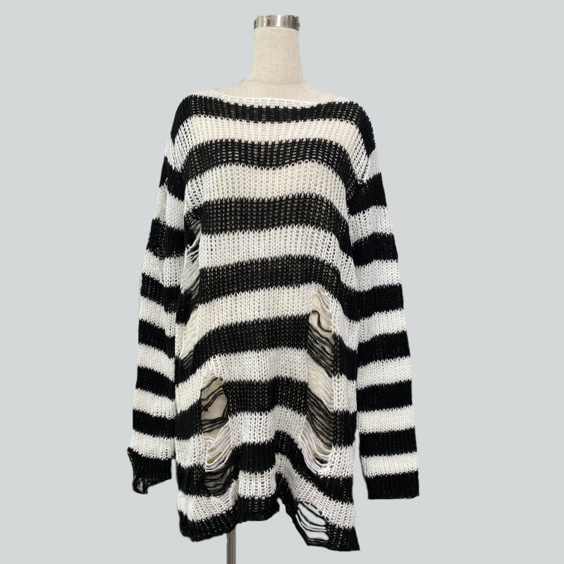 Damen nan Oversized Grobstrickpullover mit breiten Blockstreifen und aufgerissenem Design Drune