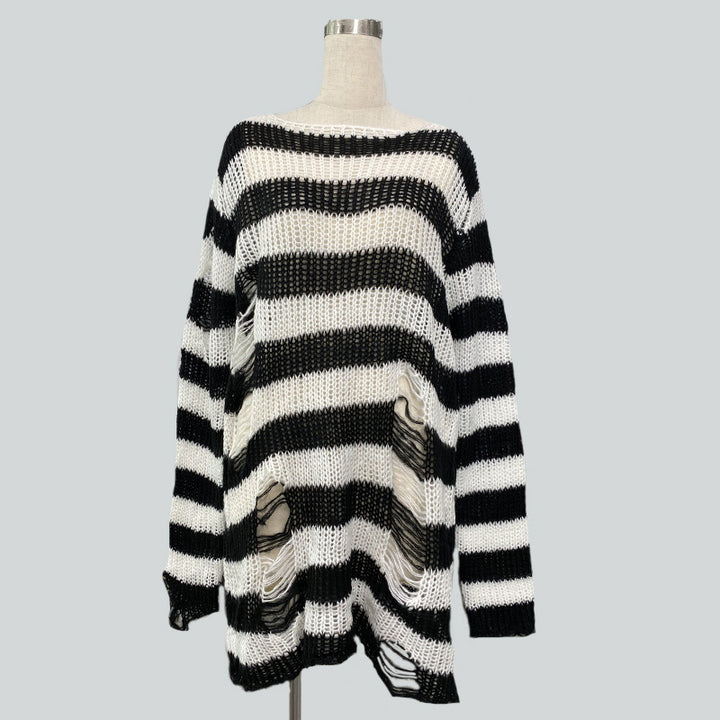 Damen nan Oversized Grobstrickpullover mit breiten Blockstreifen und aufgerissenem Design Drune