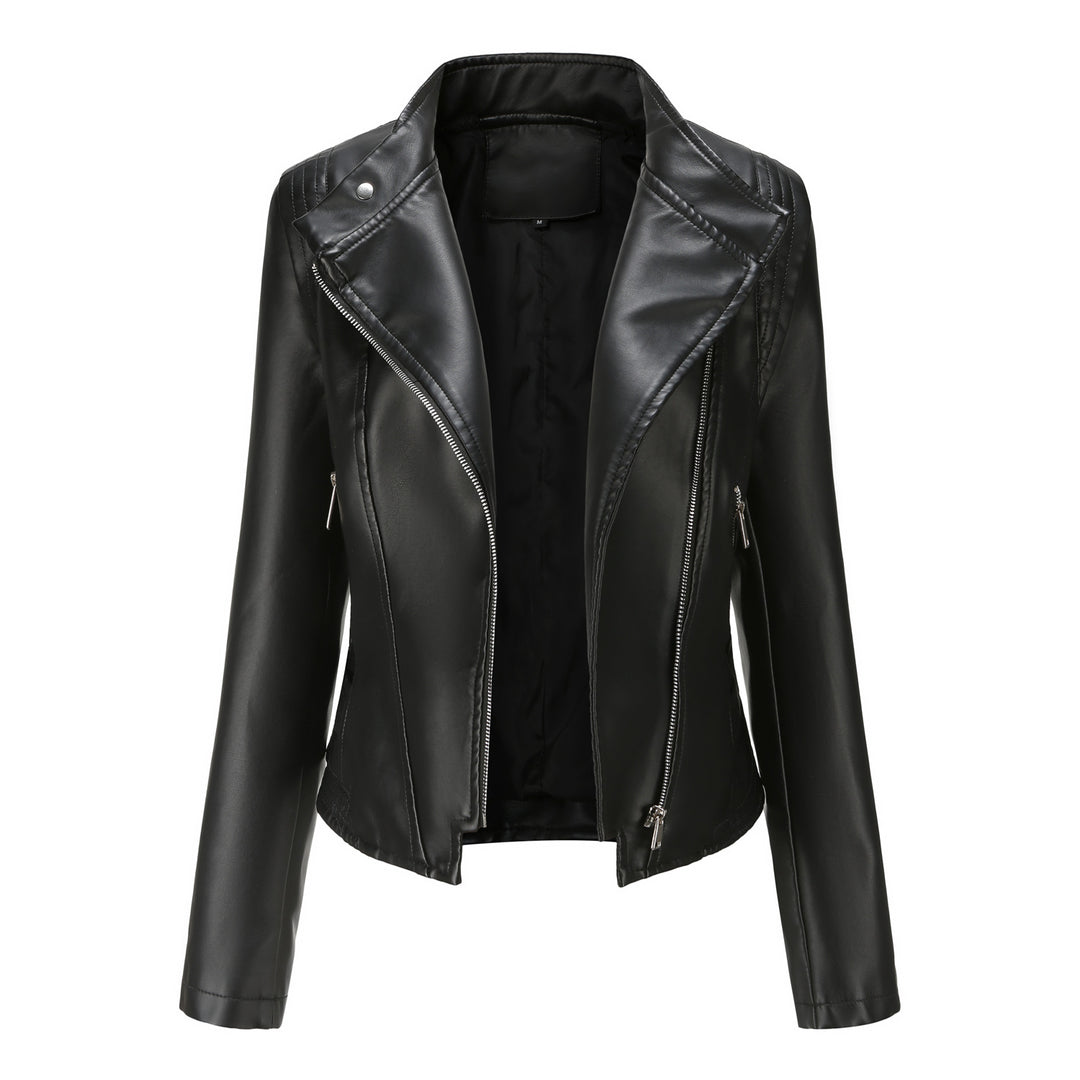 Damen nan kurze taillierte Bikerjacke aus Kunstleder mit asymmetrischem Reißverschluss Drune