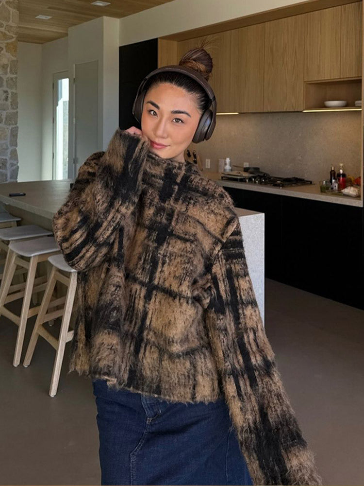 Damen Flauschiger Pullover im Vintage-Karo mit hohem Kragen und ausgefranstem Saum Drune