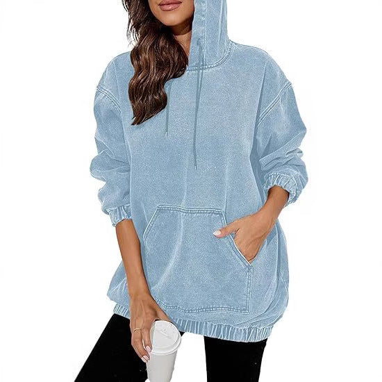 Damen Oversized Kapuzenpullover im Denim‑Look mit Kängurutasche Drune
