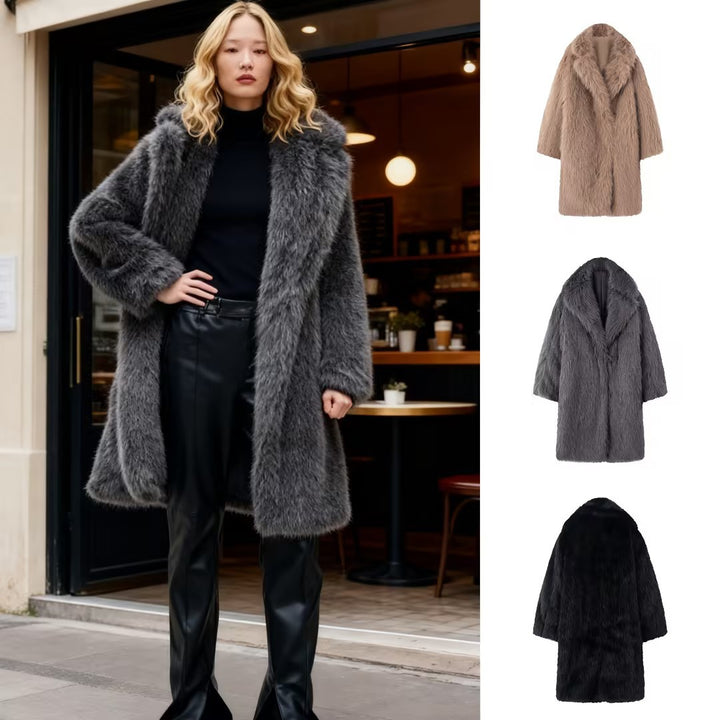 Damen Langer Oversize Kunstfellmantel mit voluminösem Schalkragen Drune