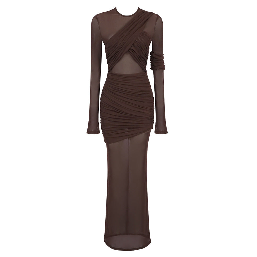 Damen Elegantes langarm Maxikleid mit raffinierten Drapierungsdetails und figurbetontem Schnitt Drune