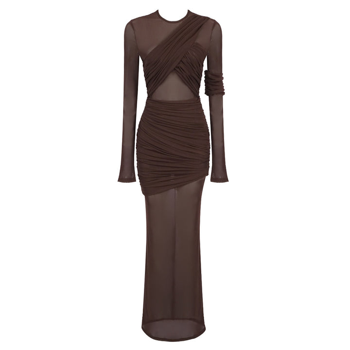 Damen Elegantes langarm Maxikleid mit raffinierten Drapierungsdetails und figurbetontem Schnitt Drune