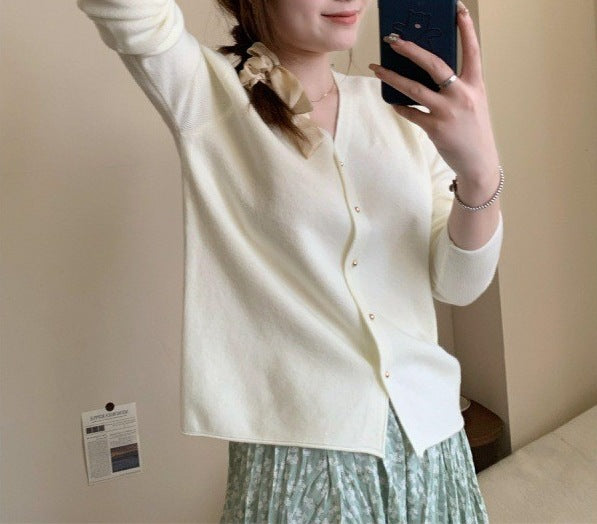 Damen modische Strickjacke mit vornem Knopfverschluss und V-Ausschnitt Drune