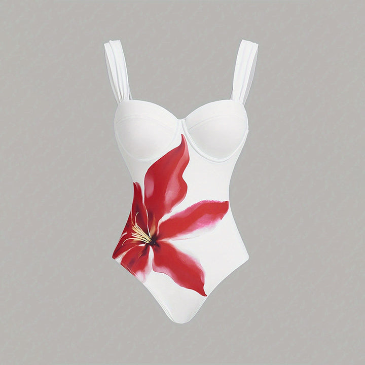 Damen Einteiler Badeanzug mit eleganter Blütenapplikation und drapiertem Rock Drune