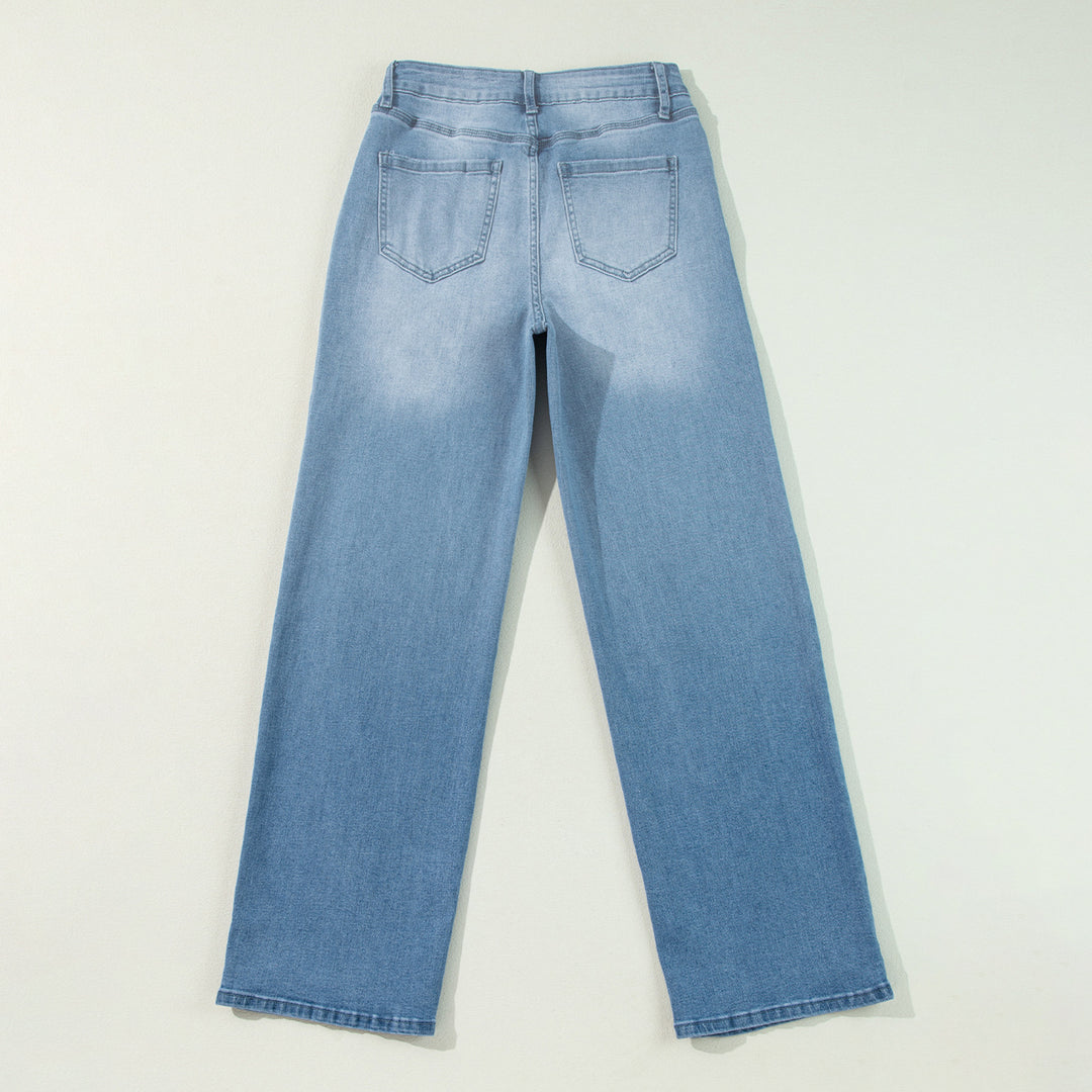 Damen hochtaillierte Schlaghose aus Denim mit Frontschlitz und weitem Bein Drune