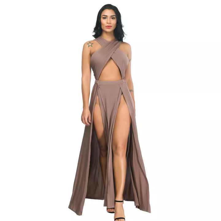 Damen Maxikleid mit Hochgeschlossenem Ausschnitt und Beinschlitz Drune