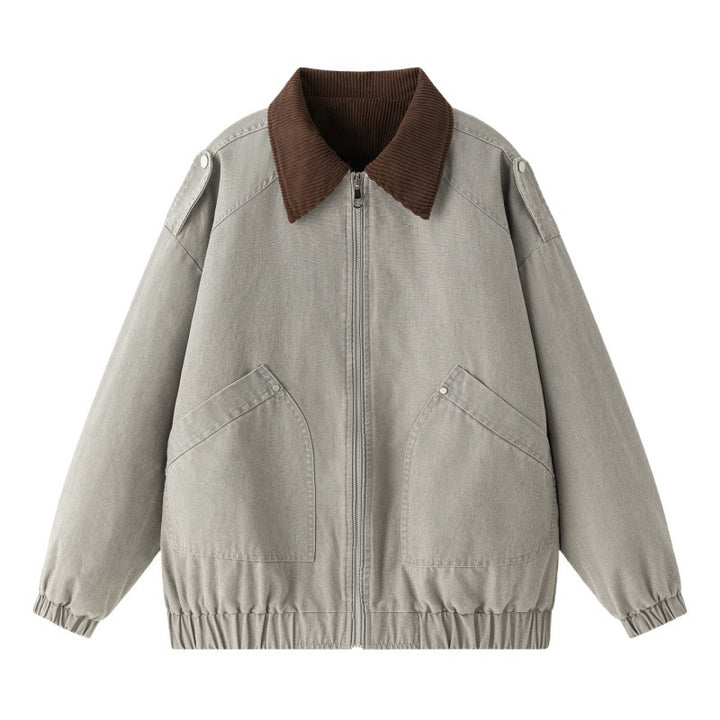 Herren Oversize Denim‑Bomberjacke mit Rippenkragen, elastischem Saum & schrägen Pattentaschen Drune