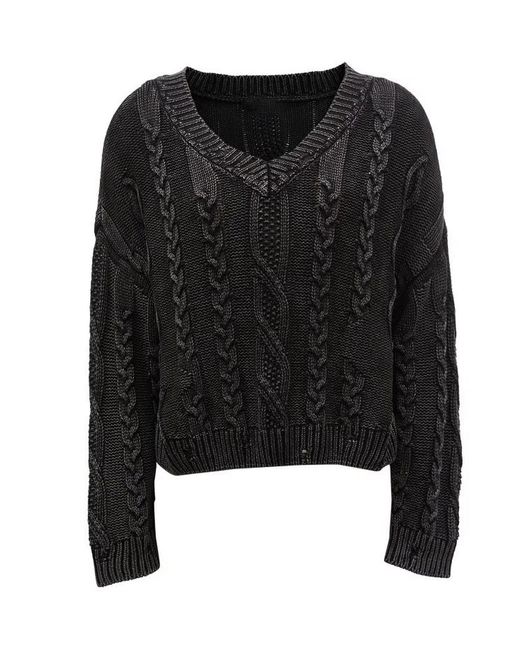 Damen Grobstrickpullover mit tiefem V-Ausschnitt und Zopfmuster Drune