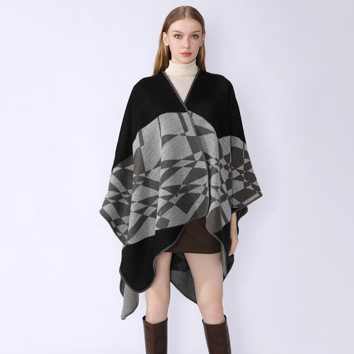 Damen Großer Strickponcho im Cape‑Schnitt mit Ziernaht und geometrischem Intarsia Drune