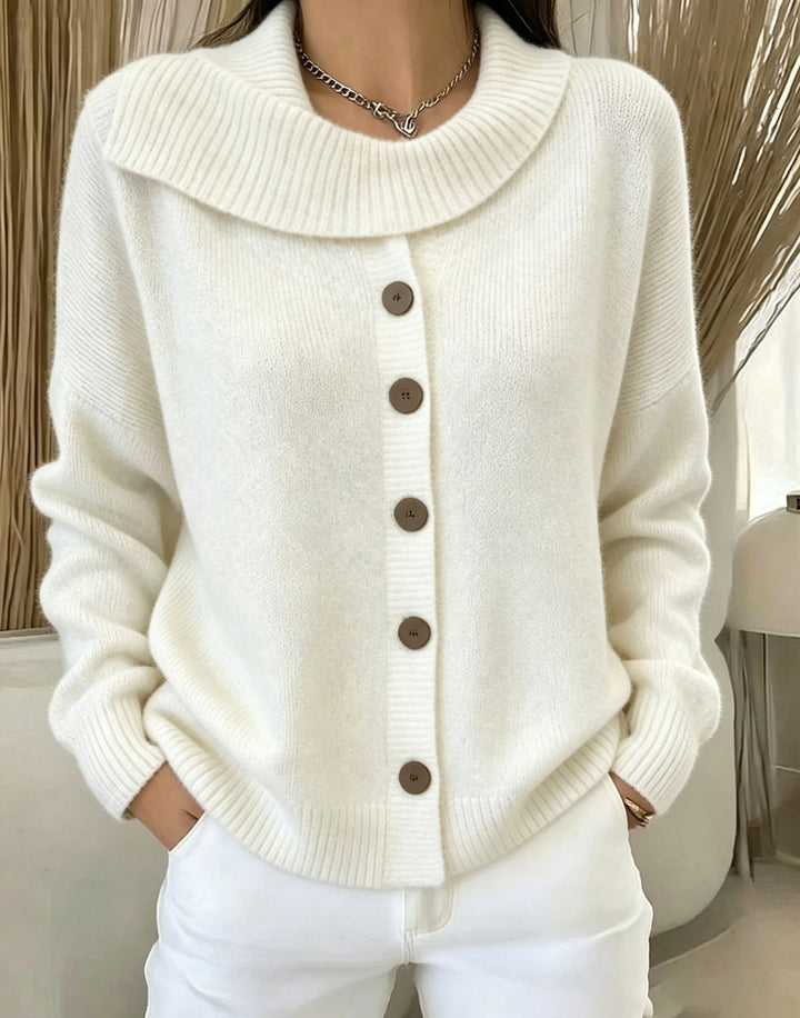 Damen Kuscheliger Knopf-Cardigan mit breitem Rollkragen und gerippten Bündchen Drune