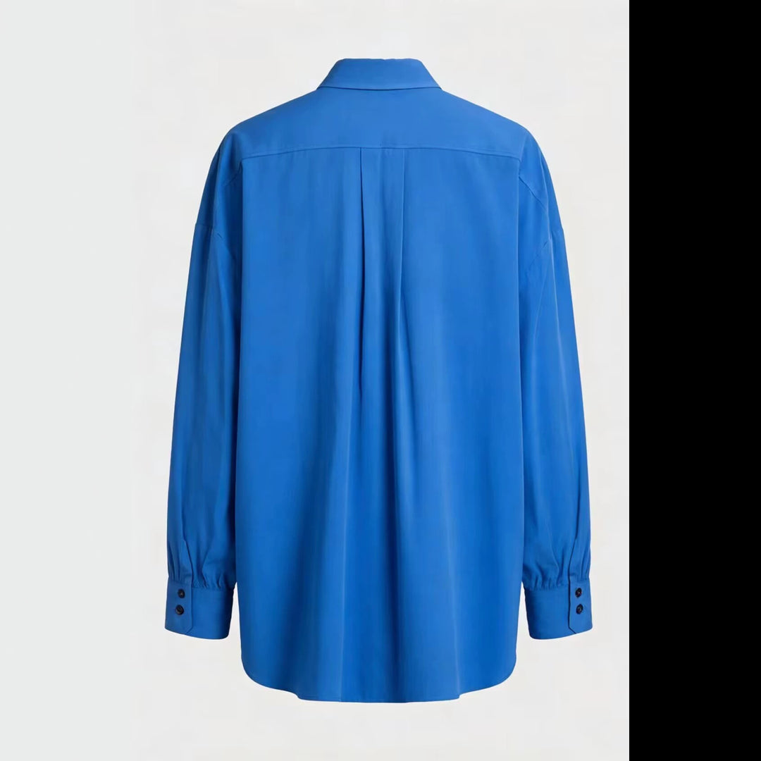 Damen Oversize-Hemdbluse-Jacke mit Pattentaschen und Stehkragen Drune