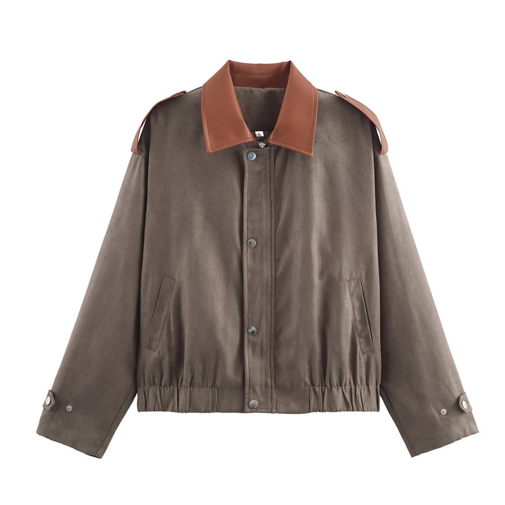 Damen nan oversized Kurzjacke mit kontrastkragen, Schulterpatten und elastischem Taillenzug Drune