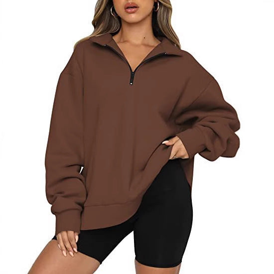 Damen nan oversized Sweatshirt mit halbem Reißverschluss, Stehkragen und überschnittener Schulter Drune