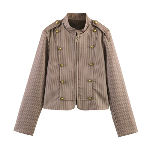 Damen Cropped-Militärjacke im Nadelstreifen mit Stehkragen, Epauletten und dekorativen Messingknöpfen Drune