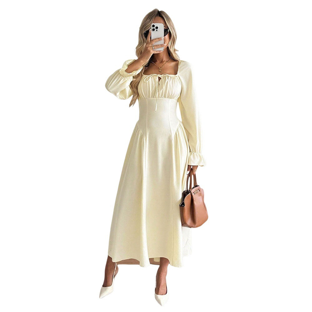 Damen romantisches Midikleid mit Korsagen-Taille, Quadratausschnitt und voluminösen Ärmeln Drune