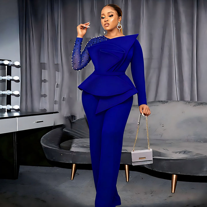Damen eleganter Jumpsuit mit asymmetrischem Oberteil und raffiniertem Rüschendesign Drune
