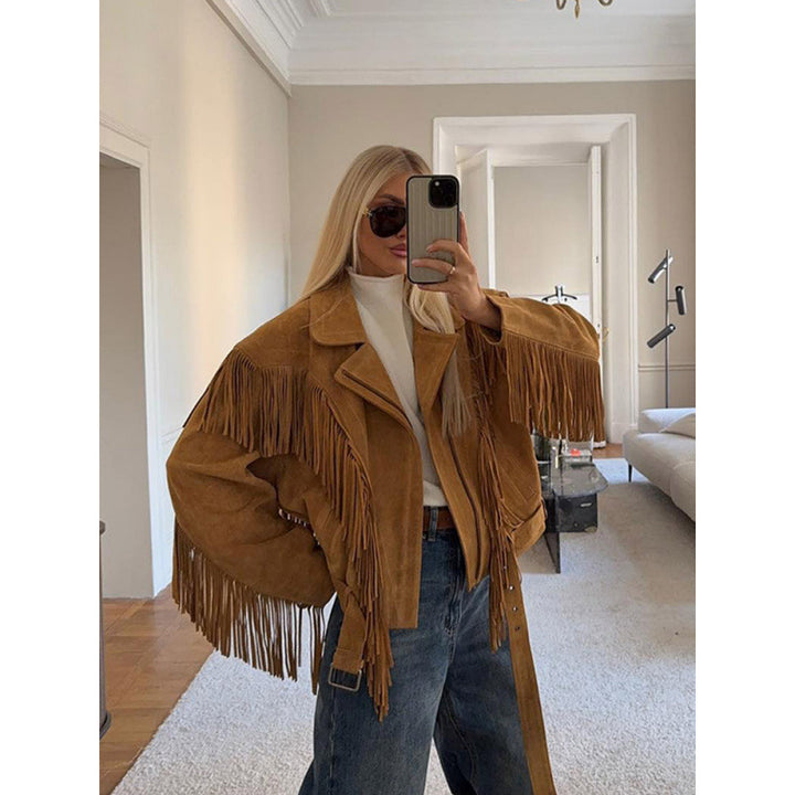Damen Wildlederjacke mit Fransen und großzügigen Ärmeln Drune