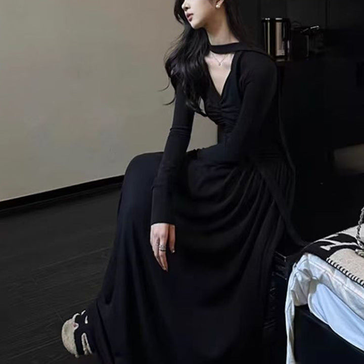 Damen elegantes Maxi-Kleid mit raffiniertem V-Ausschnitt und langen Ärmeln Drune