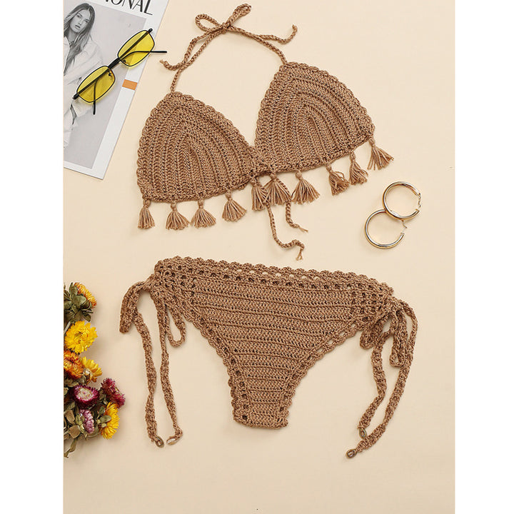 Damen Häkel-Bikini-Set mit verspielten Fransen und verstellbaren Bindebändern Drune