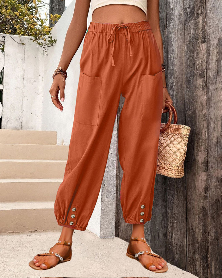 Damen Leinenlook Loungehosen mit hohem elastischem Taillenbund, Kordelzug, aufgesetzten Taschen und geknöpftem Saum Drune