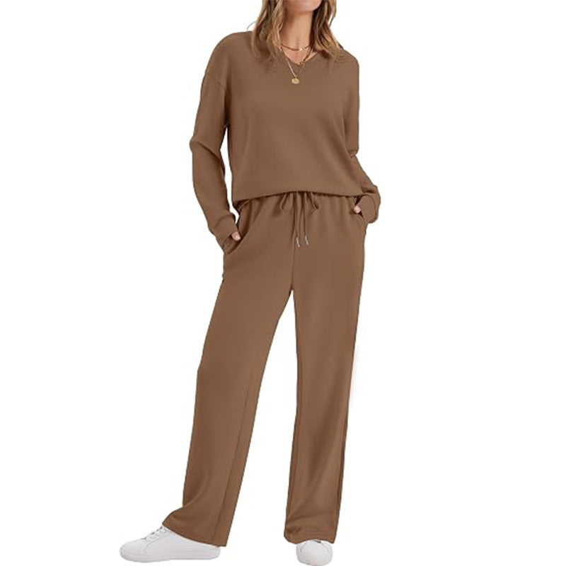 Damen Lässiges Lounge-Set mit V-Ausschnitt-Sweatshirt und weiten Tunnelzug-Hosen Drune