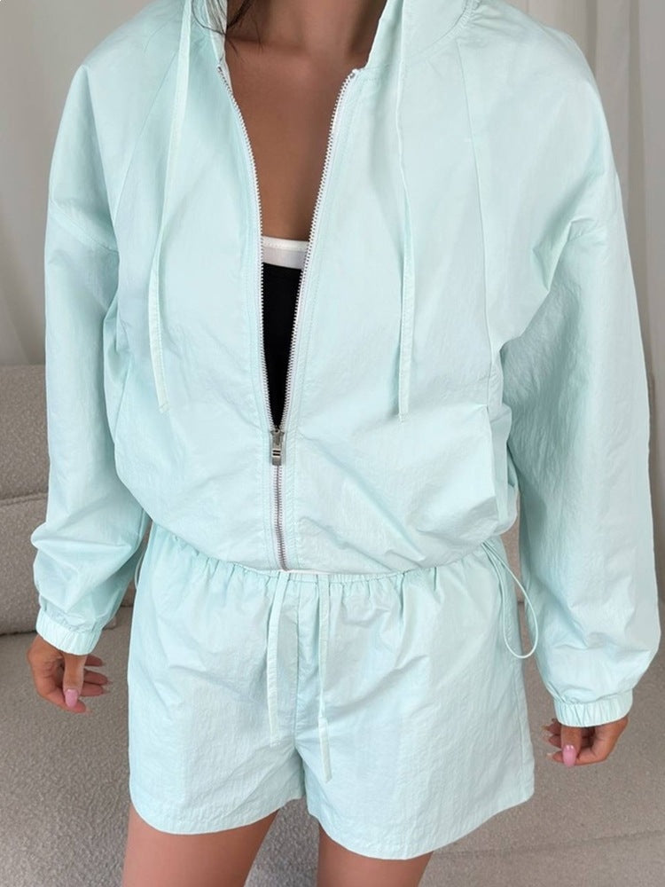 Damen Sportives Kurzarm-Set mit Kapuzenjacke und elastischem Bund