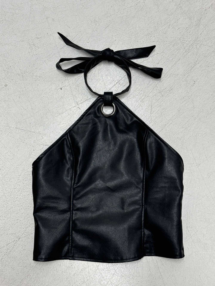 Damen Kunstleder Crop-Top mit verspieltem Bindeband und dekorativem Ring Drune