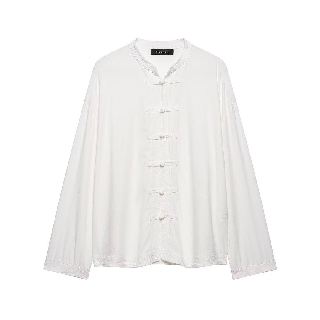 Damen Oversize Tunika‑Bluse im asiatisch inspirierten Stil mit Stehkragen und Zierknotenverschlüssen Drune