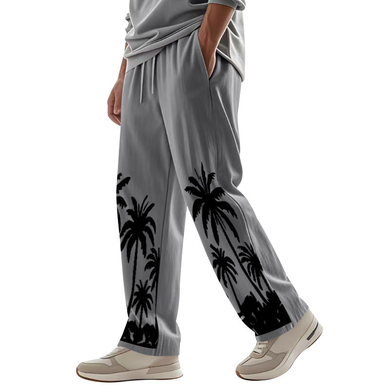 Herren nan weite Freizeit-Hose aus Baumwoll-Leinen-Mix mit Palmenprint, Elastikbund und Kordelzug Drune