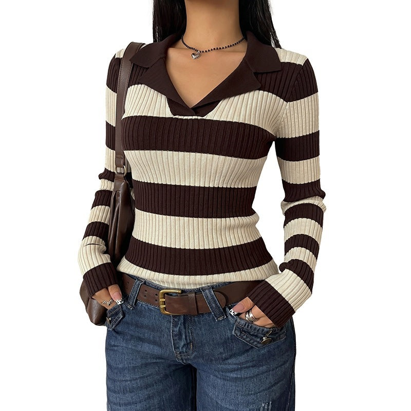 Damen Langarm Strickoberteil mit Polo-Kragen Drune