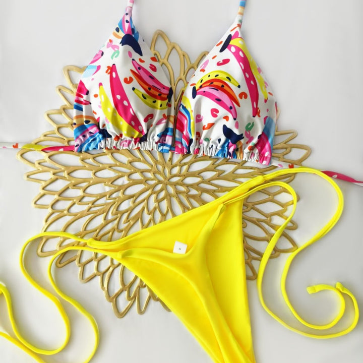 Damen Bikini-Set mit buntem Obstmuster und seitlichem Knoten Drune