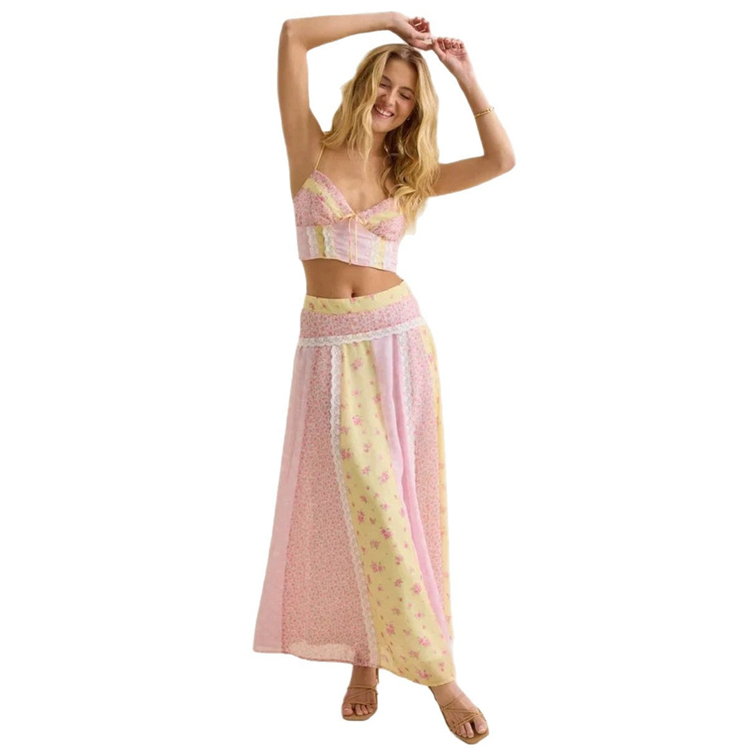 Damen nan romantisches Crop-Top mit Spaghettiträgern und gestuftem Patchwork-Maxirock Drune