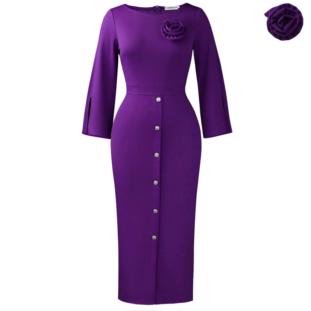 Damen Elegantes Midikleid mit dekorativem Knopfverschluss und floralem Detail Drune