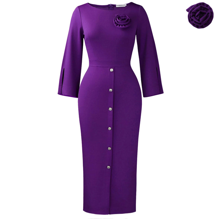 Damen Elegantes Midikleid mit dekorativem Knopfverschluss und floralem Detail Drune