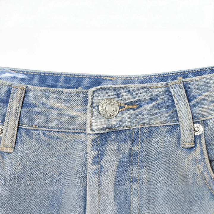 Damen High Waist Jeans mit weitem Bein, Destroyed-Details und Nietenapplikation Drune