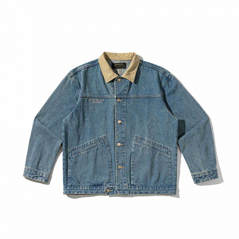 Unisex Boxy-Denim-Blousonjacke mit Cordkragen und schräg eingesetzten Pattentaschen Drune